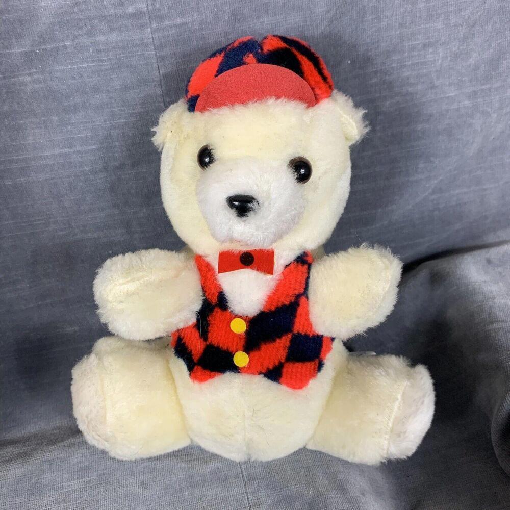 Vintage 80s Ganz Bros White Teddy Bear Checkered Vest And Hat 7”​